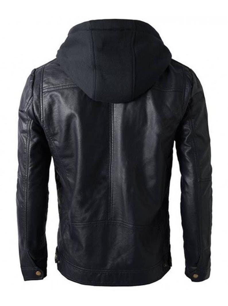 Slim Fit Biker Zipper Coat style Men Hooded Black real leather jacket