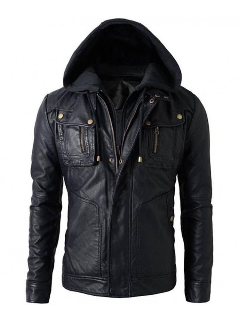 Slim Fit Biker Zipper Coat style Men Hooded Black real leather jacket