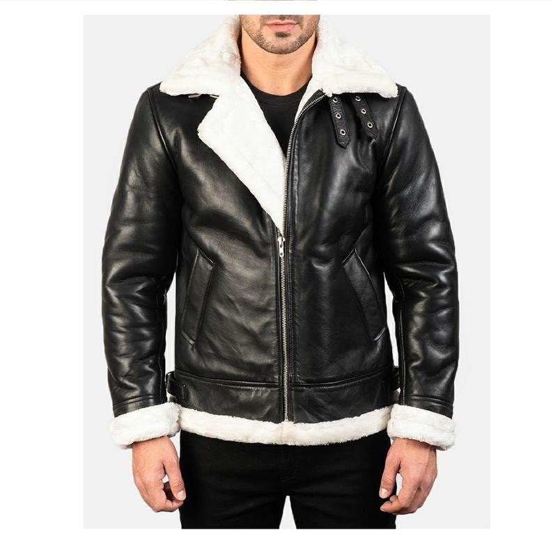 Black Shearling Leather Motorbike Aviator Fur Coaler Real Leather Men jacket