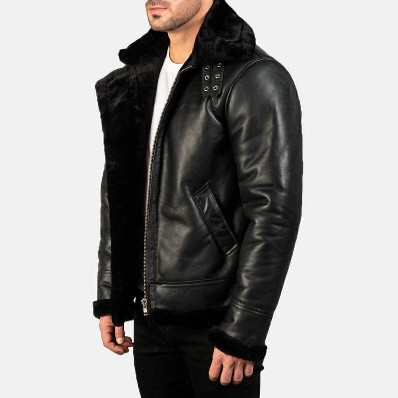 Black Shearling Leather Motorbike Aviator Fur Coaler Real Leather Men jacket