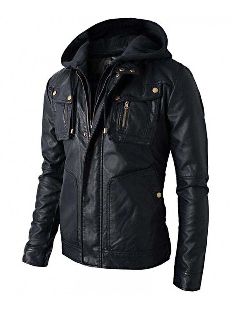 Slim Fit Biker Zipper Coat style Men Hooded Black real leather jacket