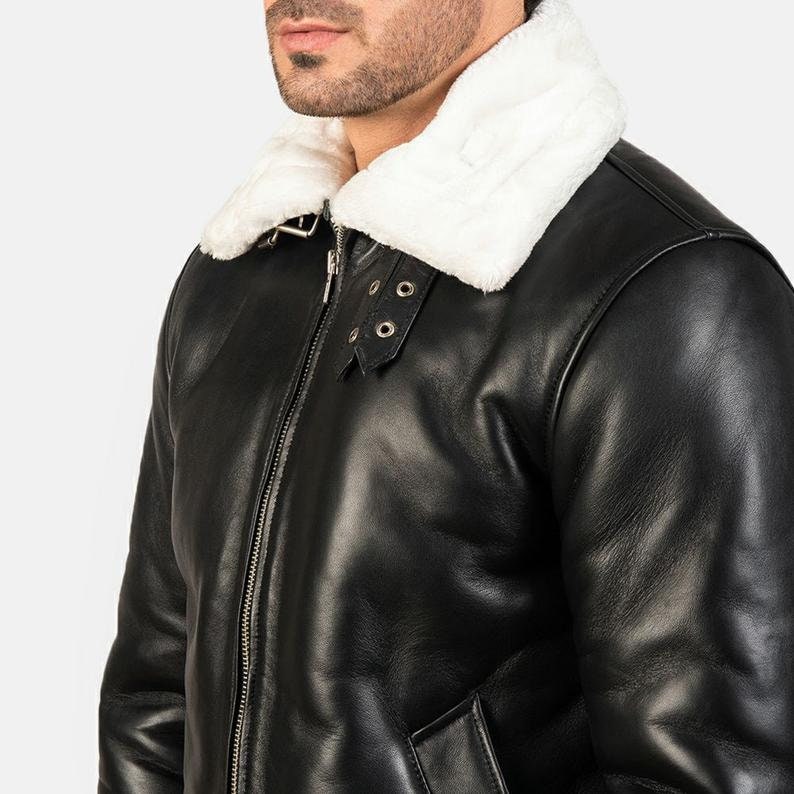 Black Shearling Leather Motorbike Aviator Fur Coaler Real Leather Men jacket