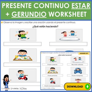 Może przedstawiać: Arkusz ćwiczeń w języku hiszpańskim zatytułowany "PRESENTE CONTINUO ESTAR + GERUNDIO WORKSHEET". Arkusz zawiera ilustracje dzieci wykonujących różne czynności, z zdaniami do uzupełnienia.