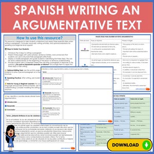 May include: An educational poster in Spanish, titled "Spanish Writing an Argumentative Text." It offers guidance on writing, with phrases and a worksheet. The poster has Spanish and English text, and a download button.