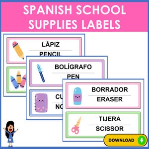 Puede incluir: Cuatro etiquetas coloridas con palabras en español e inglés para útiles escolares. Las etiquetas presentan ilustraciones de un lápiz, un bolígrafo, una goma de borrar y unas tijeras.