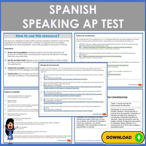 May include: A Spanish language learning resource for the AP Speaking Test. The blue and white document includes instructions, conversation examples, and a download button. The text includes "Speaking AP Test" and "How to use this resource?"