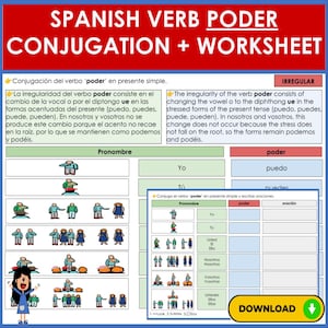 May include: A Spanish verb conjugation worksheet for the verb "poder" in the present tense. The worksheet includes conjugation tables, explanations of irregular verb forms, and a "Download" button. The title is in red and white.