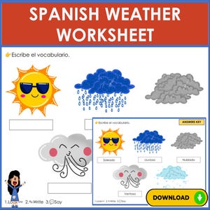 May include: A Spanish weather worksheet featuring cartoon illustrations of sunny, rainy, cloudy, and windy weather. The worksheet includes the text "SPANISH WEATHER WORKSHEET" and prompts to write vocabulary words. A small image shows the answers.