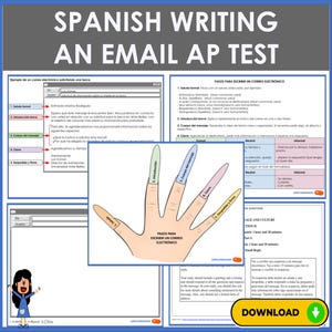 May include: A Spanish writing guide for an email AP test. The image features a hand diagram illustrating the steps to write an email in Spanish, with sections for greeting, introduction, body, closing, and sign-off. Includes examples and instructions.