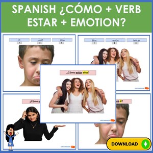 Puede incluir: Una hoja de trabajo de aprendizaje del idioma español con imágenes de personas que expresan diferentes emociones. La hoja de trabajo incluye la frase "¿Cómo están ellas?" que se traduce como "¿Cómo están ellas?" en inglés. La hoja de trabajo también incluye las palabras "él", "está", "triste", "ellas", "están" y "felices".