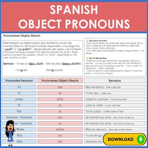 以下が含まれることがあります： 「スペイン語の目的語代名詞」というタイトルの、例と説明が書かれたカラフルな教育用チャート。このチャートには、人称代名詞、直接目的語代名詞、スペイン語と英語の例文が含まれています。左下隅には漫画の女の子がいます。