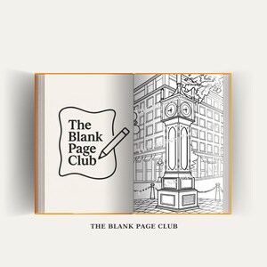 May include: An open book with a black and white illustration of a clock tower and buildings. The left page features the text "The Blank Page Club" with a pencil graphic. The book's title is repeated at the bottom.