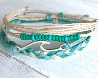 Ocean Blues wave waxed cord stackable strand Pura Vida style bracelet set