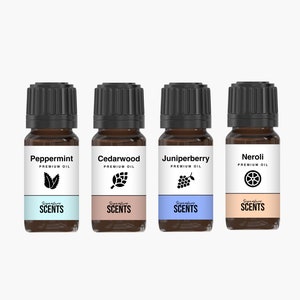 May include: Four small brown essential oil bottles with black lids. Each bottle has a label with the oil's name: Peppermint, Cedarwood, Juniperberry, and Neroli. The labels also include "Premium Oil" and "Signature Scents."