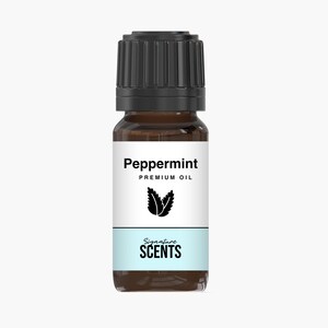 May include: A small brown glass bottle of peppermint premium oil with a black cap. The label reads "Peppermint PREMIUM OIL" with a black leaf design and "Signature SCENTS" in a light blue band.
