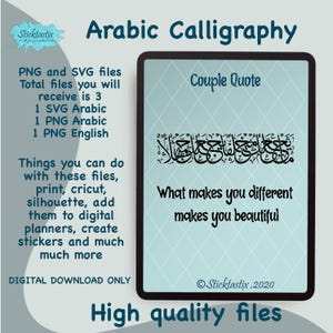 May include: Digital download featuring Arabic calligraphy with the quote "What makes you different makes you beautiful." Includes SVG and PNG files for printing, crafting, and digital use. The design is on a light blue background.