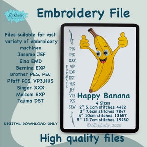 Happy Banana embroidery design fruit for Embroidery machine 4 sizes available in banana design