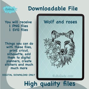 May include: A black and white digital illustration of a wolf's head with roses behind it. The text "Wolf and roses" is above the image. The text "Sticktastix, 2020" is below the image. The text "High quality files" is at the bottom of the image.