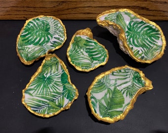 BOGO Tropical Foliage Decoupage Gilded Oyster Shell