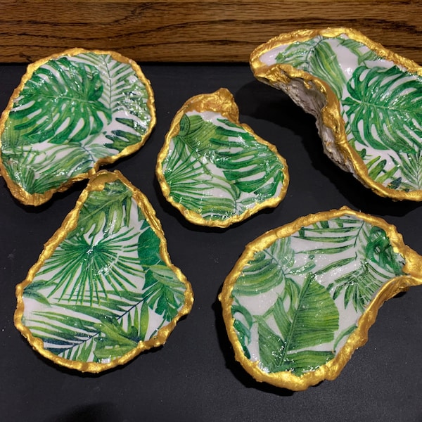 BOGO Tropical Foliage Decoupage Gilded Oyster Shell