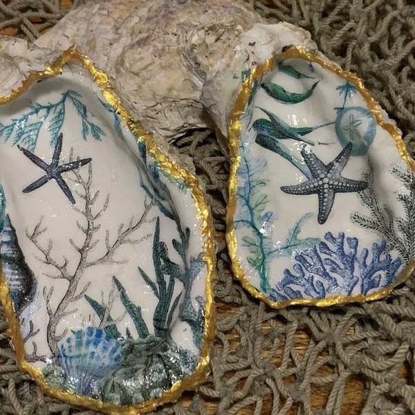 Blue and Gray Coral Gilded Decoupage Oyster Shell