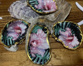 Lavender Hibiscus Gilded Decoupage Oyster Shell Dish