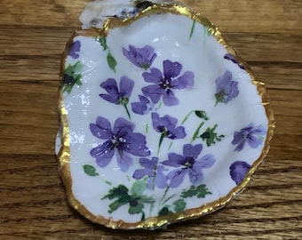 BOGO Purple Flowers Gilded Decoupage Oyster Shell