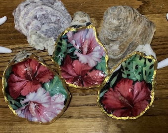 Hibiscus Gilded Decoupage Oyster Shell