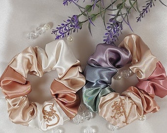 Initial Satin Scrunchie | Personalized Mix Colors Satin Scrunchie / Custom  Embroidery satin Scrunchie / Bachelorette party / Bridal Shower