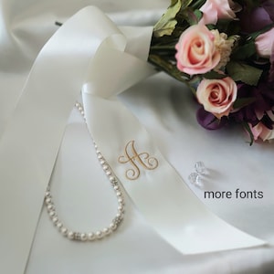 Wedding Bouquet Ribbon/ Personalized Embroidered Double-Faced Satin Ribbon/ Bridal/Bridesmaid Wedding Bouquet Sash/ Initial /Monogram Ribbon