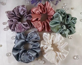 Personalized Satin Scrunchie | Dusty Color Satin Scrunchie | Initial Scrunchie/ Custom Embroidery satin Scrunchie