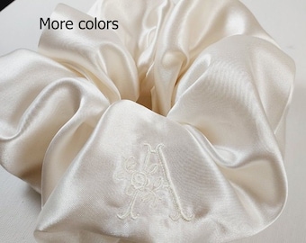 Personalized Oversized Satin Scrunchie | XL Dusty Ivory Satin Scrunchie | Initial Scrunchie/ Embroidery satin Scrunchie