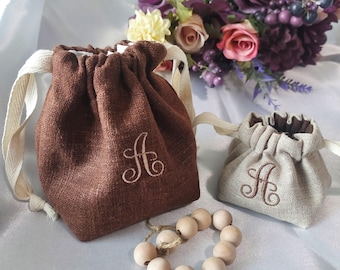 Personalized Embroidered Linen cotton Bag/Handmade drawstring bag /Initial Pouch/String Pouch/jewelry/makeup Pouch/wedding/ Bridesmaid Pouch