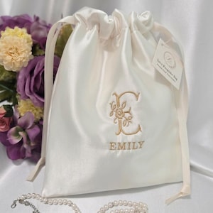 Premium Satin Drawstring Bag with Cotton Batting |Handmade Luxury Personalized Embroidered Bridal Gift/Embroidered Name &Initial Gift/Makeup