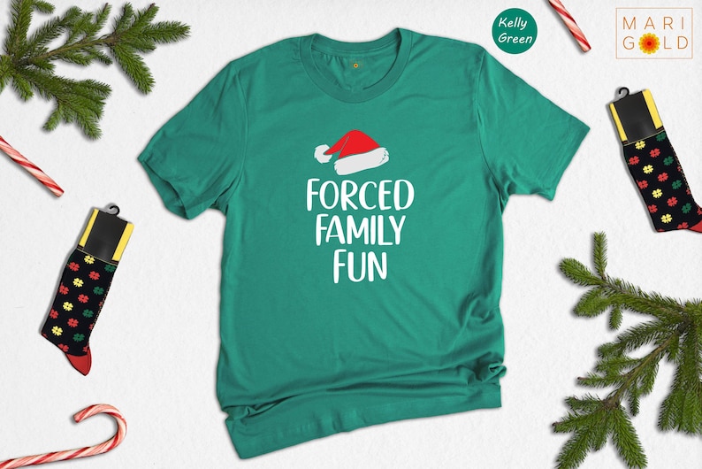 Sarcastic Christmas Family Tee: 'Forced Family Fun' Santa Hat Shirt image 2