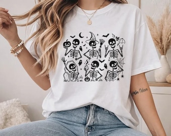 Skeleton Halloween Shirt, Spooky Black and White Skeleton Crew T-Shirt