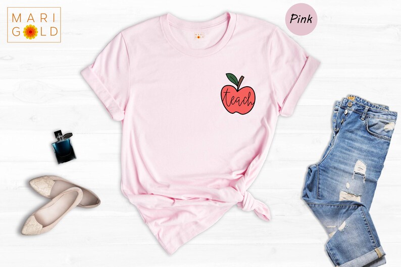 Teach Apple Pocket Shirt, Cute Teacher Gift Tee, Minimalist Apple Graphic T-Shirt, Back to School Shirt for Teachers bild 4