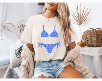 Comfort Colors™ Blue Polka Dot Bikini Shirt, Cute Summer Beach Tee, Vacation Swimsuit Graphic T-Shirt, Gift for Women