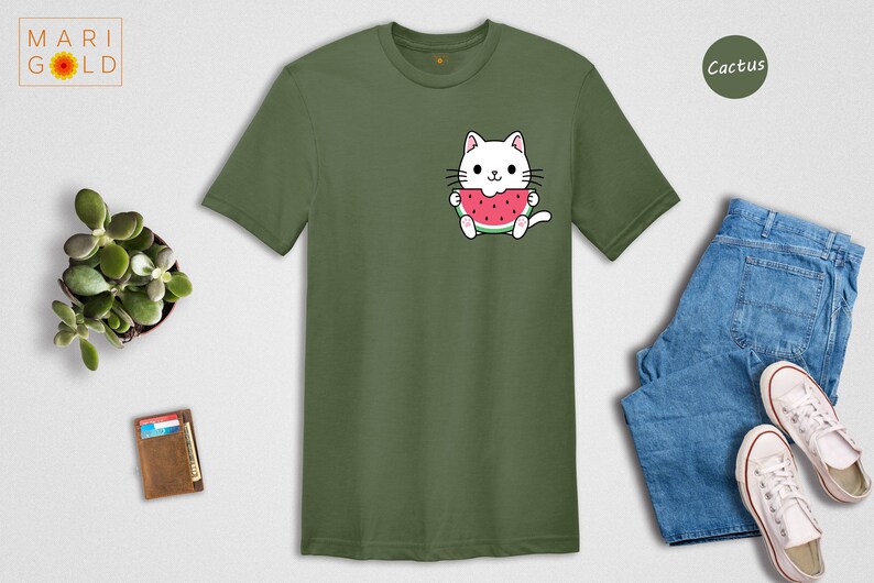 Cute Cat Watermelon Shirt, Watermelon Pocket, Cat Pocket Shirt, Watermelon Pocket Tee, Japanese Watermelon Shirt image 7