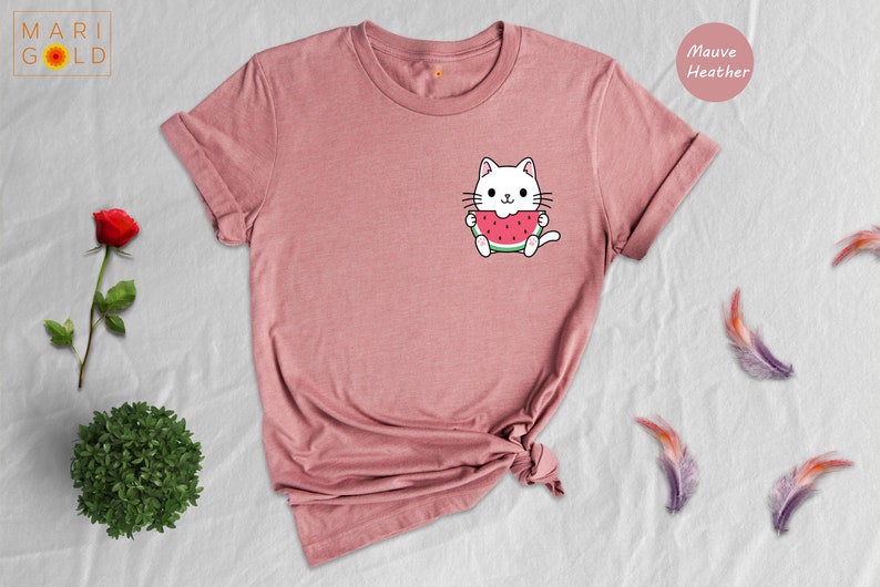 Cute Cat Watermelon Shirt, Watermelon Pocket, Cat Pocket Shirt, Watermelon Pocket Tee, Japanese Watermelon Shirt image 3