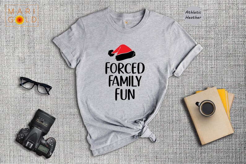 Sarcastic Christmas Family Tee: 'Forced Family Fun' Santa Hat Shirt image 4