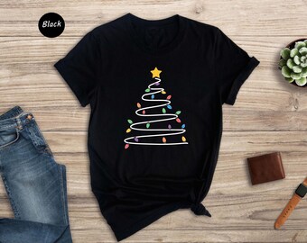 Christmas Light Tree Shirt, Minimalist String Lights Tee, Cute Holiday Shirt Gift for Women, Simple Xmas Tree T-Shirt