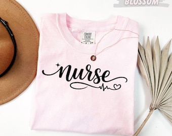 Comfort Colors®  Nurse T-Shirt with Heartbeat and Heart, Cute Nurse Tee, RN Gift, Nursing Student Shirt, Healthcare Worker Top