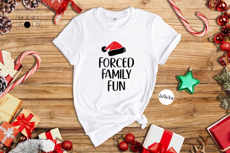 Sarcastic Christmas Family Tee: 'Forced Family Fun' Santa Hat Shirt image 5