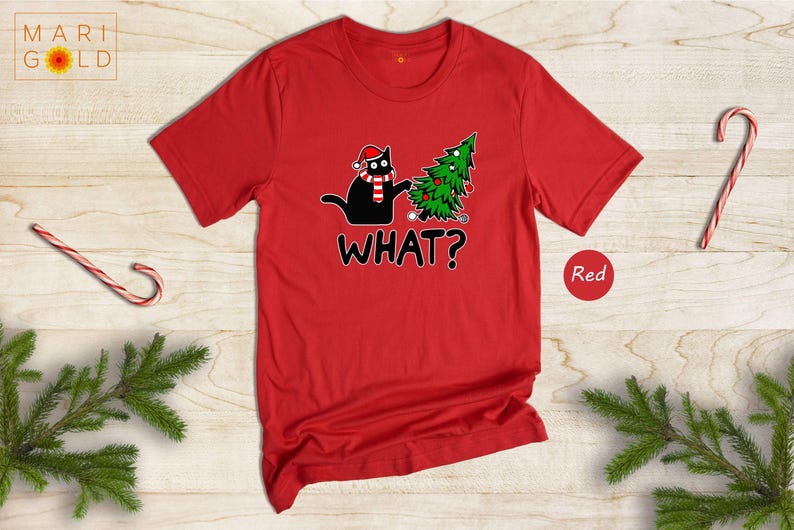 Funny Black Cat Christmas T-Shirt, What? image 7