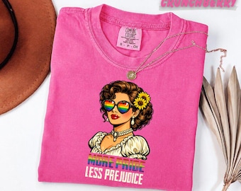 Comfort Colors™ More Pride Less Prejudice Shirt, Retro Woman Rainbow Sunglasses Tee, LGBTQ Pride Month Gift