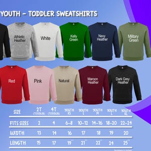 a collection of youth and toddler sweatshirts in various colors and sizes, arranged in a grid format.