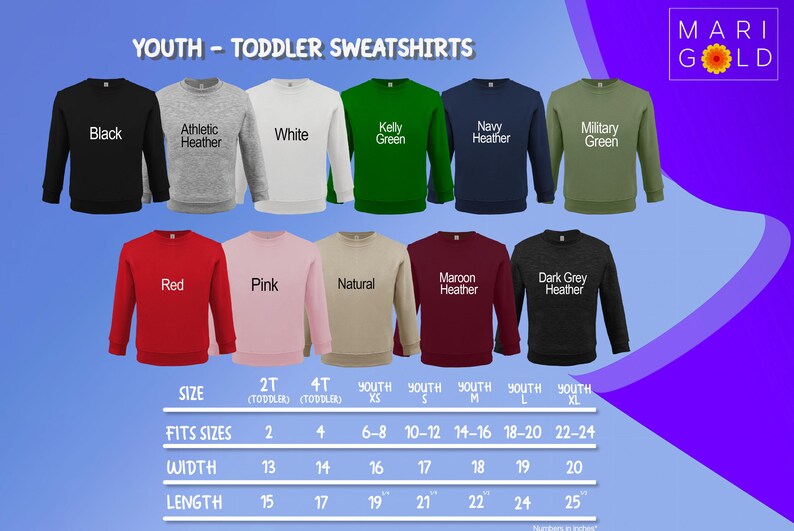 a collection of youth and toddler sweatshirts in various colors and sizes, arranged in a grid format.
