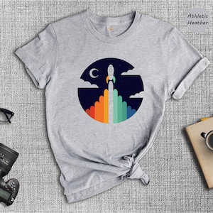 Retro Rocket Shirt, Vintage Space Launch Tee, Astronomy Gift for Him Her, Galaxy Moon Stars Graphic T-Shirt, Unisex Sci-Fi Tee