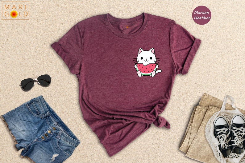 Cute Cat Watermelon Shirt, Watermelon Pocket, Cat Pocket Shirt, Watermelon Pocket Tee, Japanese Watermelon Shirt image 5